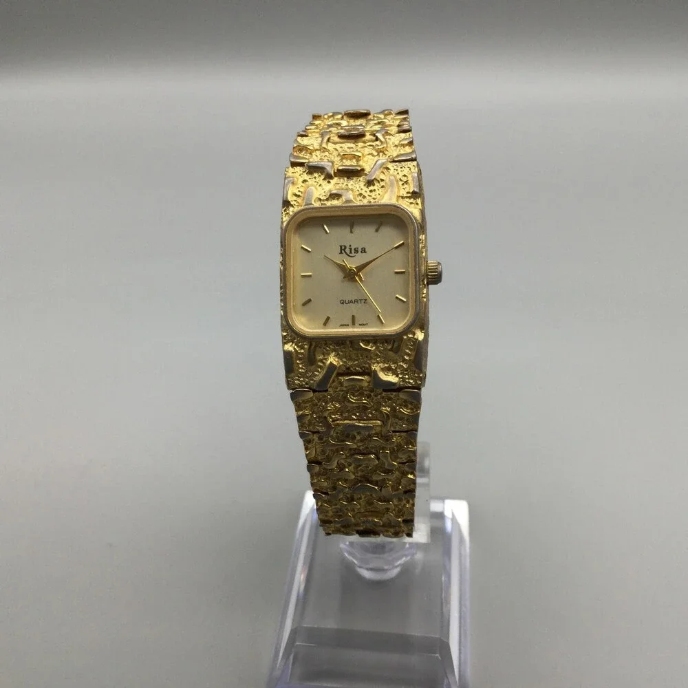 Vintage Risa Women Watch 21mm Gold Tone Nugget Texture Bracelet New Battery 7.5